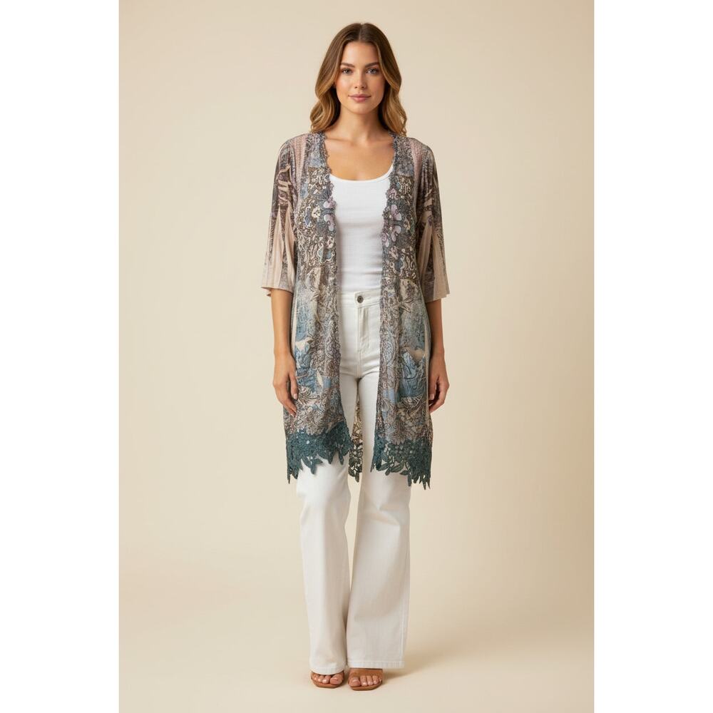 Origami Blue Damask Sublimation Cardigan with Pockets Small